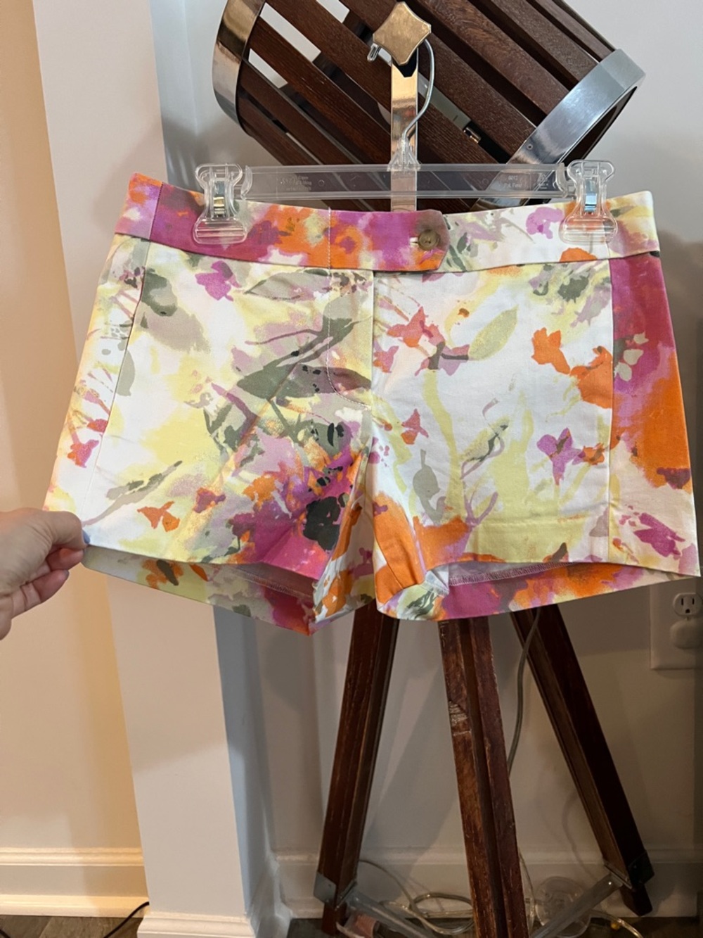 J. Crew Floral Watercolor Cotton-Blend Jean Shorts in Pink & Orange